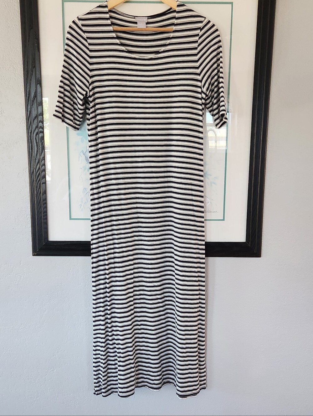Chico's Nautical Long Dress Beachy Size 0 4 6 Blue White Coastal